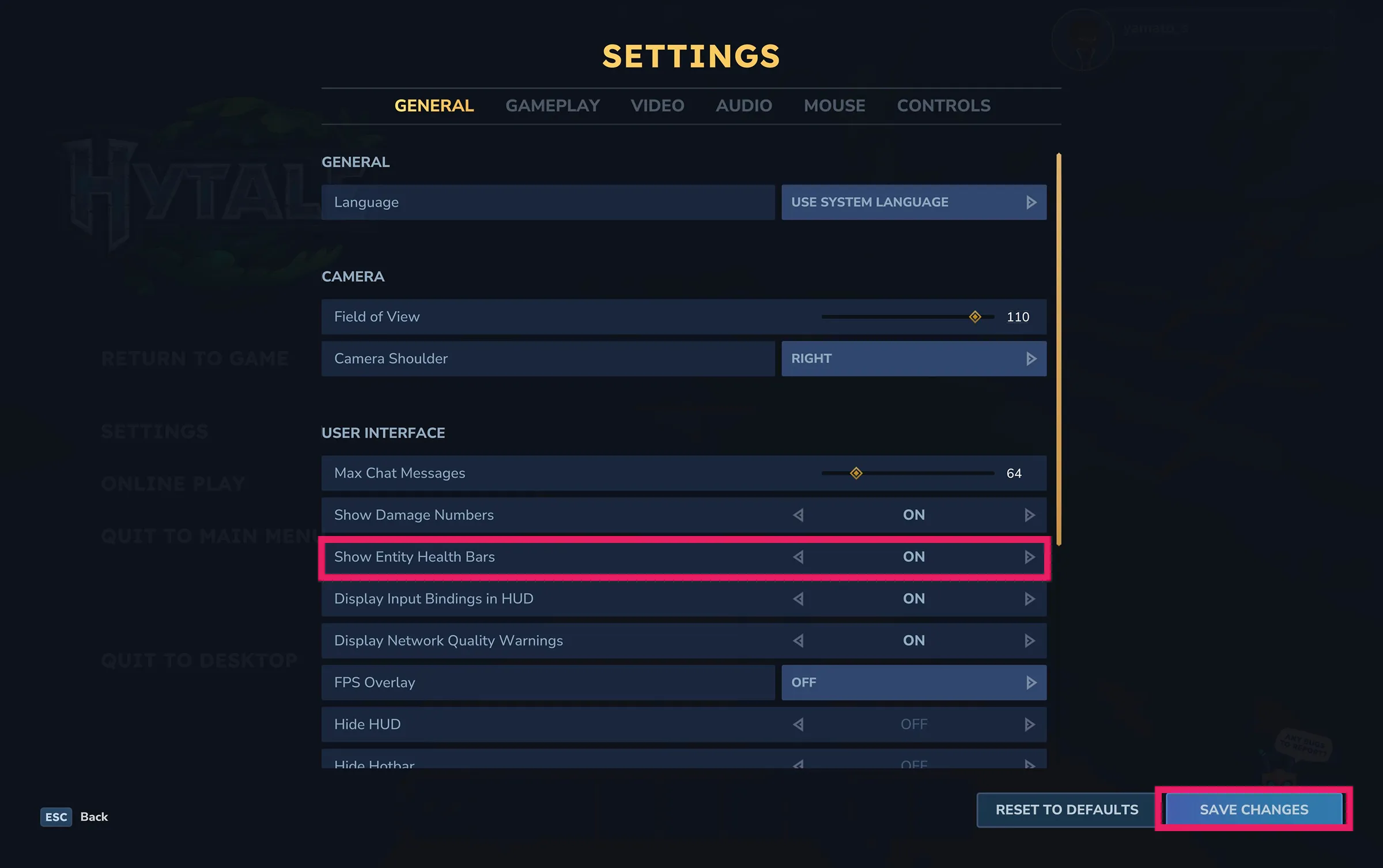 設定の「GENERAL」>「Show Entity Health Bars」をオンに