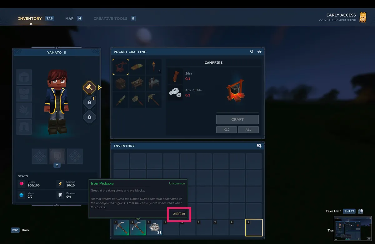 一度修理した鉄ピッケルは最大耐久値249に